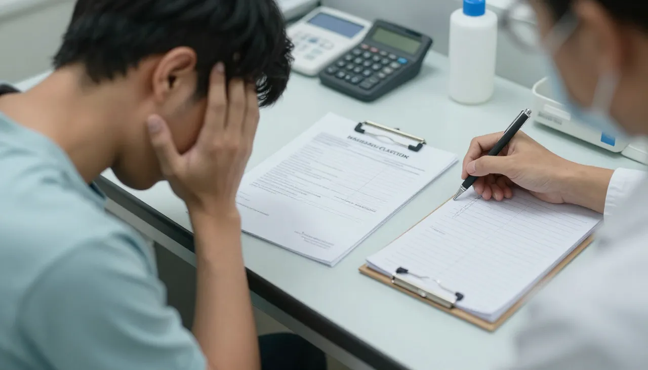 Tired pale person sitting with a low-haemoglobin lab report and a fatigue diary at a Bhubaneswar clinic — Fatigue Due to Anaemia
