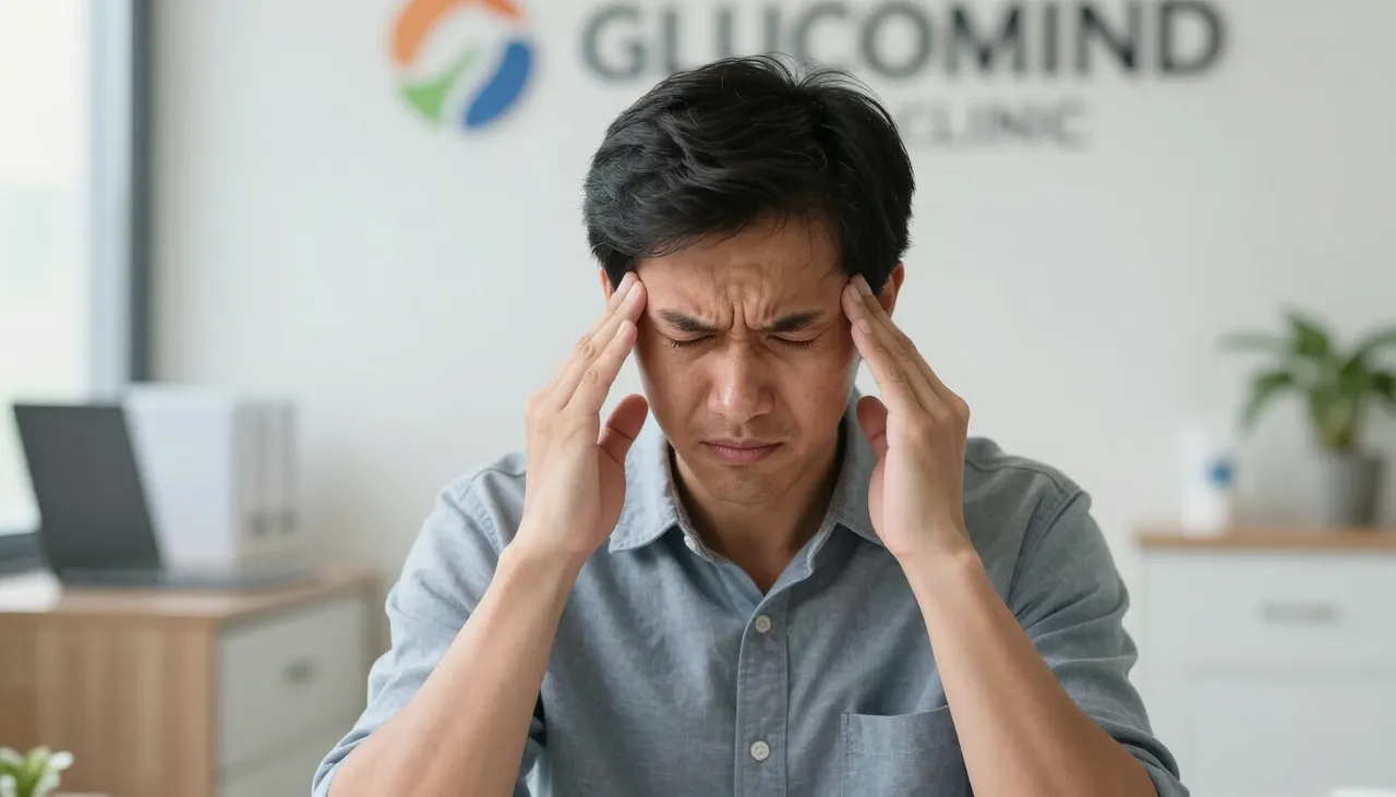 Person holding both temples with a pained expression in a calm clinic room at Glucomind Clinic, Bhubaneswar — Headache