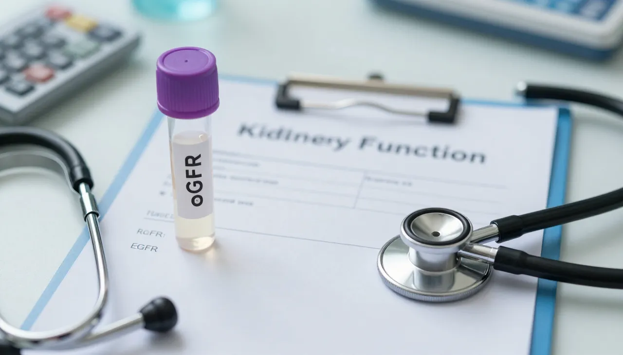 Kidney function lab report showing reduced eGFR beside a urine sample cup and a stethoscope at a Bhubaneswar clinic — Reduced Kidney Function