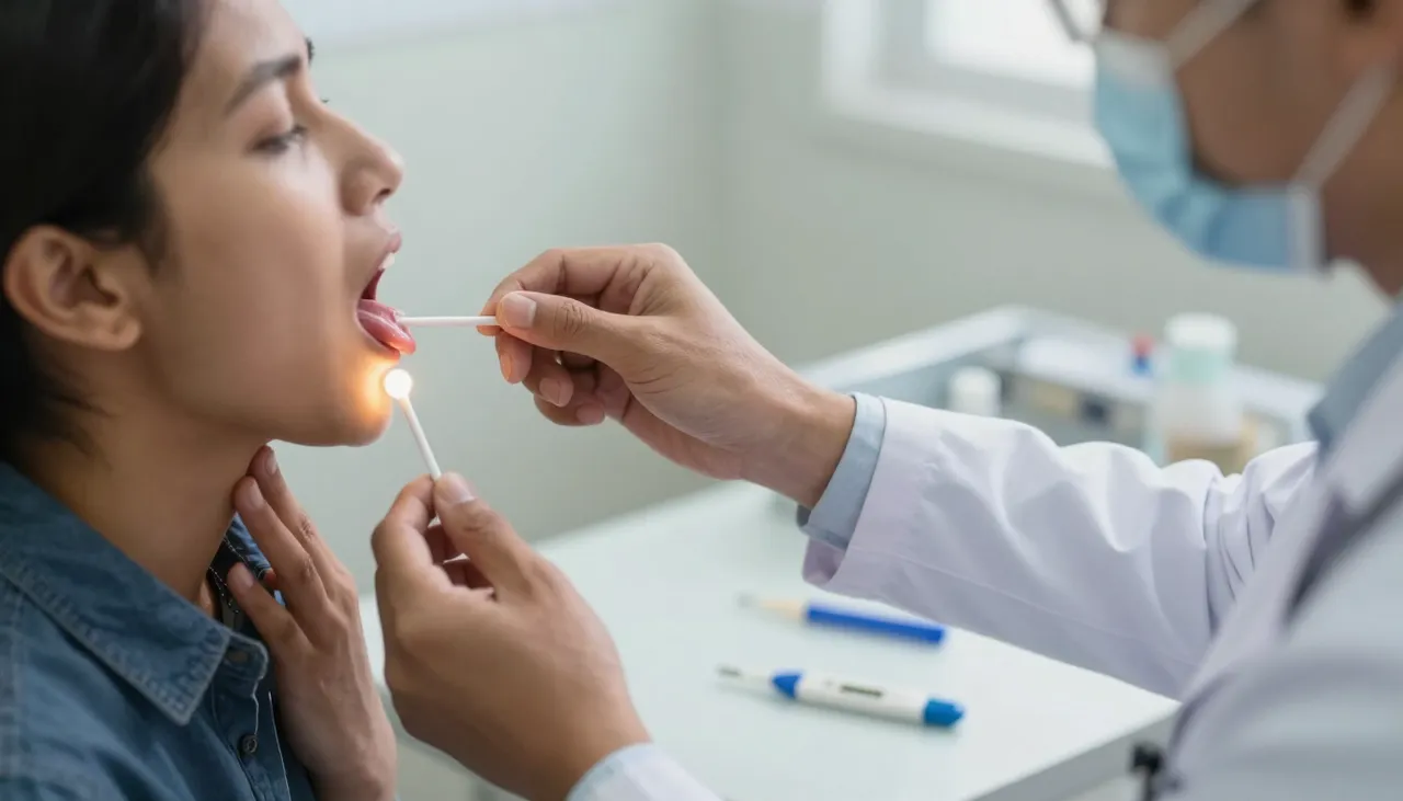 Doctor examining a patient’s open throat with a tongue depressor and light, with a fever thermometer on the desk at a Bhubaneswar clinic — Fever with Sore Throat