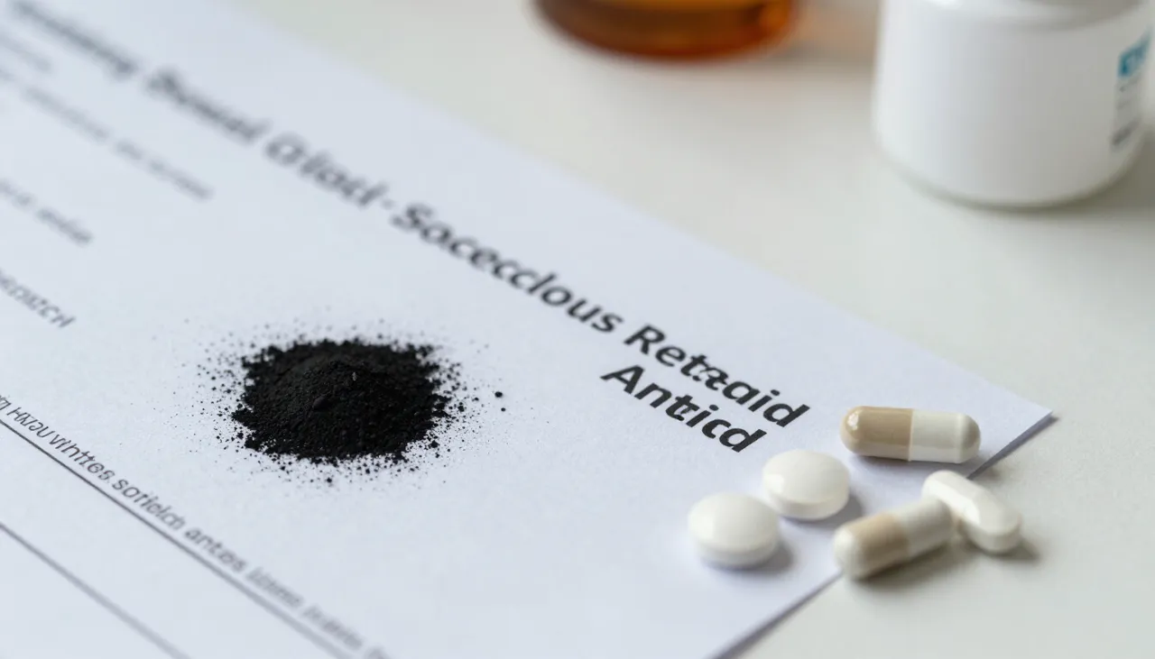 Stool colour reference chart showing a dark black stool sample beside an iron-supplement and antacid note at a Bhubaneswar clinic — Black Stool