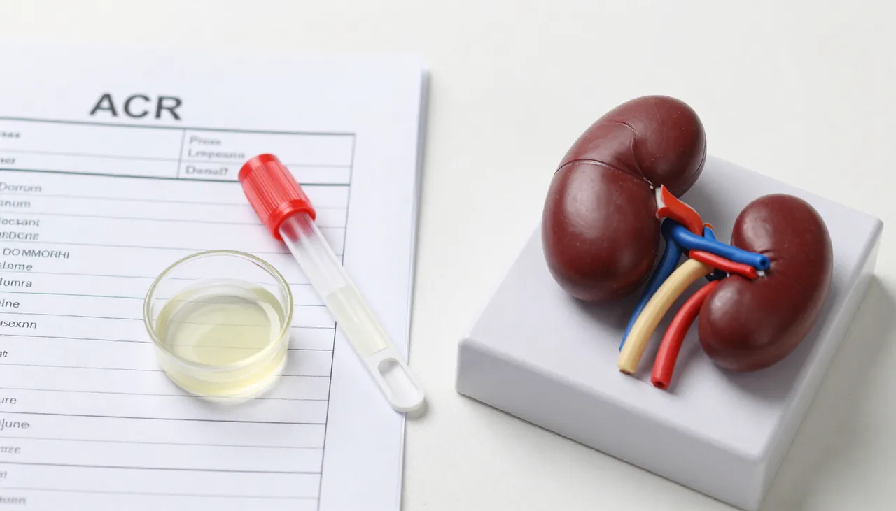 Urine dipstick showing albumin colour change beside a urine ACR lab report and a kidney model at a Bhubaneswar clinic — Albuminuria