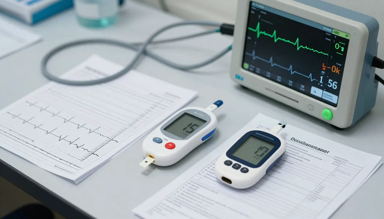 ECG strip and a heart-rate monitor beside a glucometer and a blood sugar lab report at a Bhubaneswar clinic — Cardiac Symptoms in Diabetes