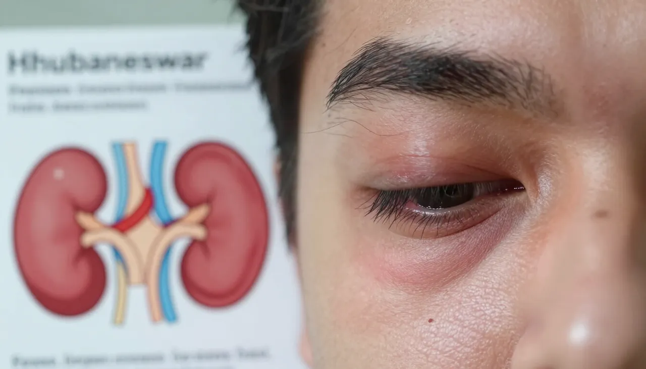 Close-up of puffy swollen eyelids beside an eyelid-swelling illustration and a kidney and thyroid reference card at a Bhubaneswar clinic — Eyelid Swelling