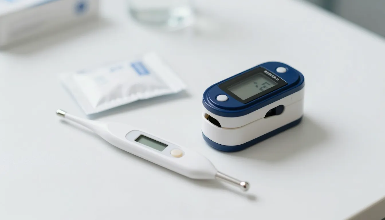 Digital thermometer, pulse oximeter and oral rehydration salts for fever and infectious disease care at Glucomind Clinic, Bhubaneswar
