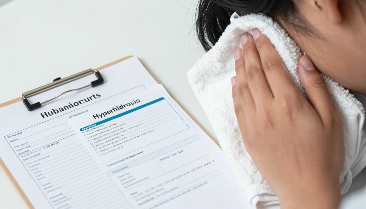 Person wiping sweat from the forehead with a towel beside a hyperhidrosis reference card and a thyroid lab report at a Bhubaneswar clinic — Excessive Sweating