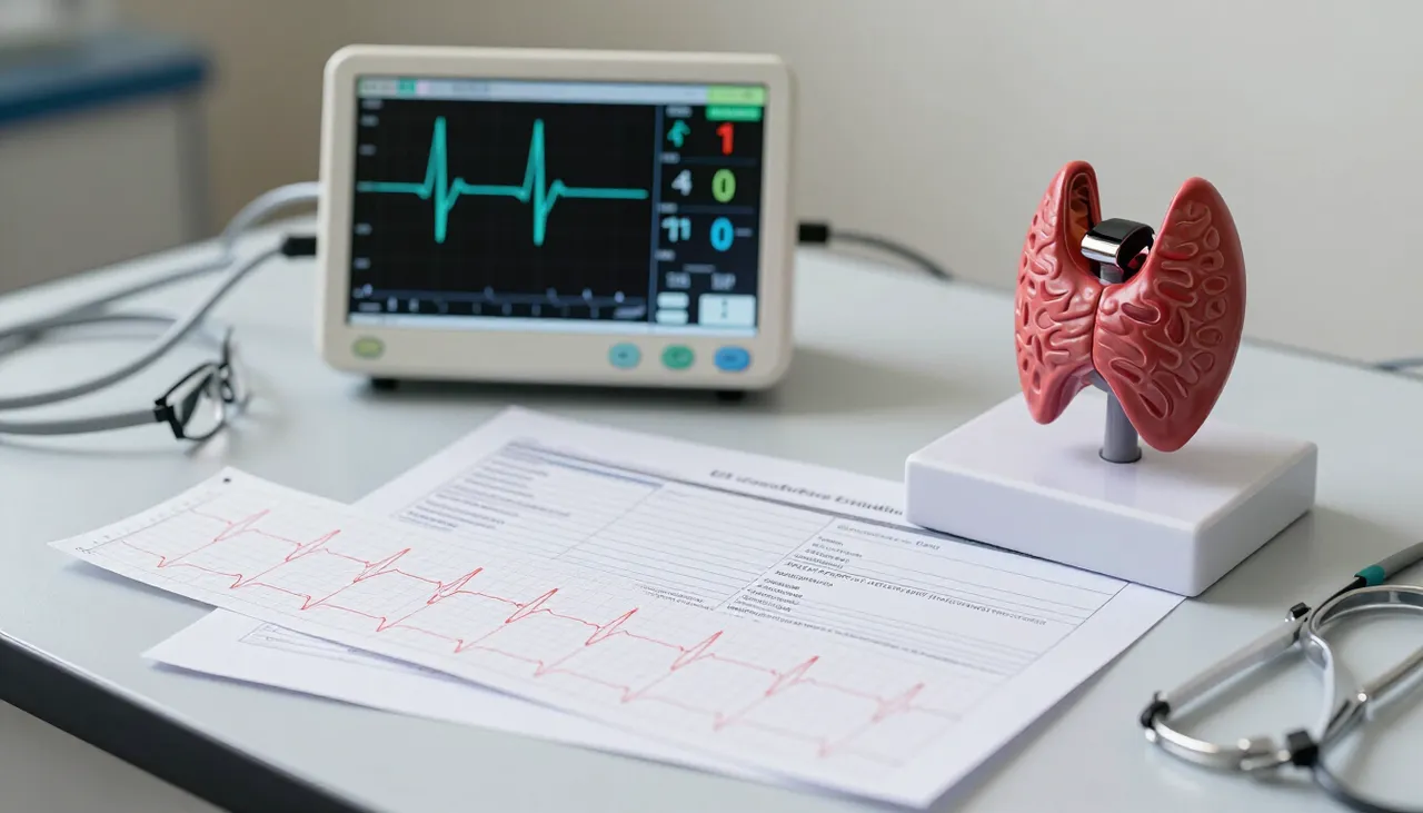ECG strip and a heart-rate monitor beside a thyroid lab report and a thyroid neck model at a Bhubaneswar clinic — Cardiac Symptoms with Thyroid Disorders