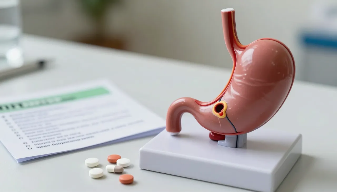 Stomach anatomical model showing an ulcer lesion beside antacid tablets and a dietary advice leaflet at a Bhubaneswar clinic — Peptic Ulcer Disease