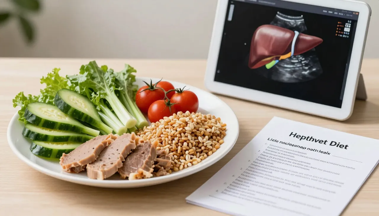 Healthy balanced plate with vegetables, grains and lean protein beside a liver ultrasound image and a lifestyle advice leaflet at a Bhubaneswar clinic — Fatty Liver Diet and Lifestyle