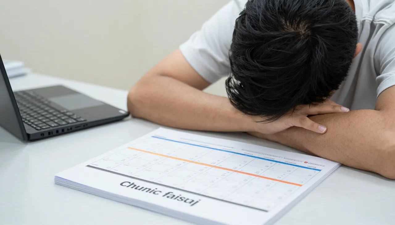Exhausted person resting the head on folded arms with a chronic-fatigue timeline calendar at a Bhubaneswar clinic — Chronic Fatigue