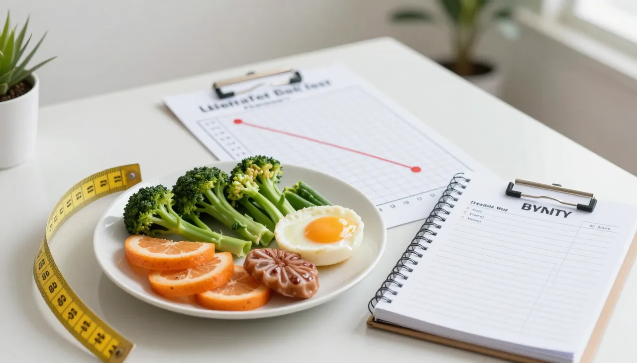 Healthy balanced plate, a measuring tape and a downward weight-trend chart with an exercise diary at a Bhubaneswar clinic — Healthy Weight Loss