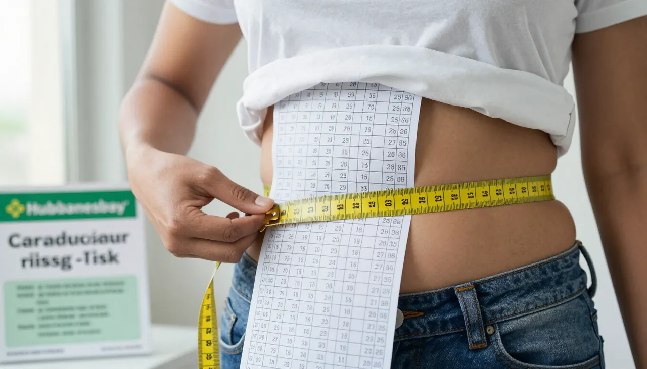 Measuring tape held at the waistline beside a waist-circumference reference chart and a cardiovascular-risk leaflet at a Bhubaneswar clinic — High Waist Circumference
