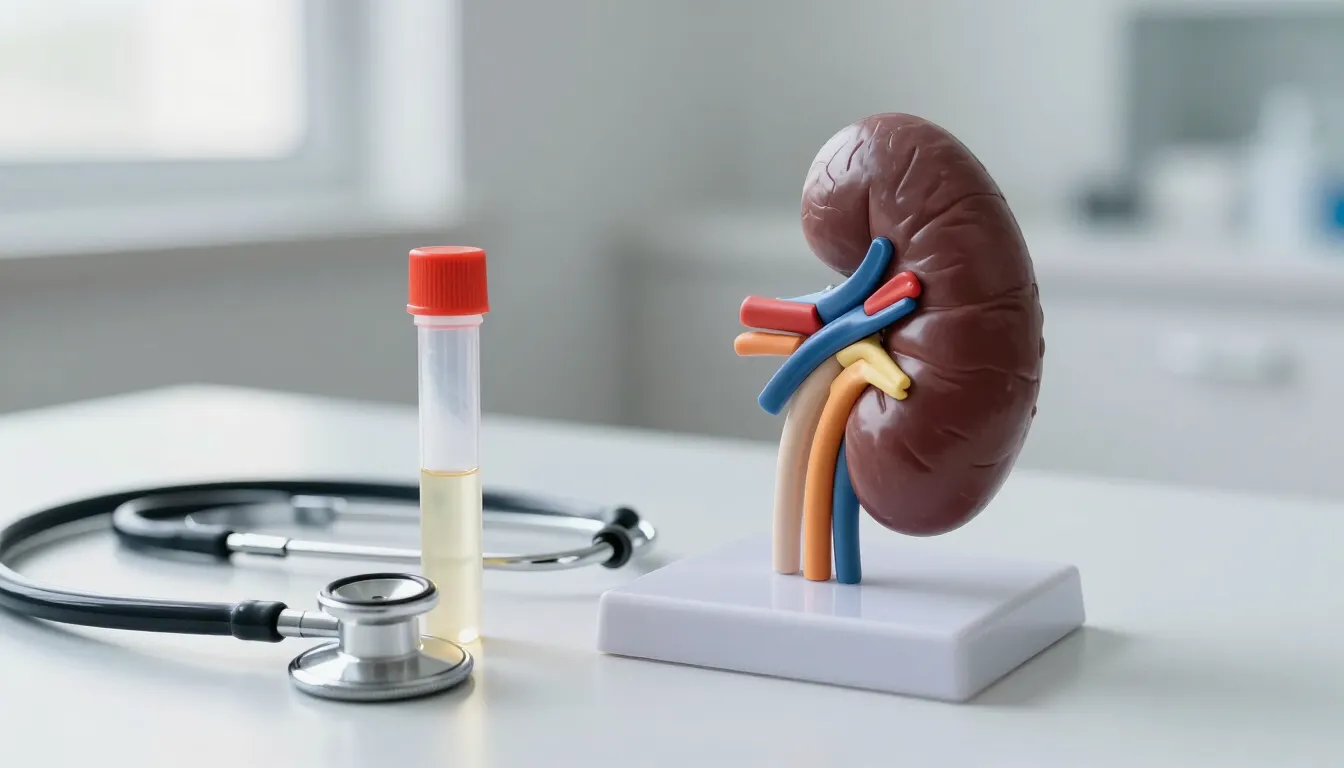 Anatomical kidney model and urine sample tube for kidney health assessment at Glucomind Clinic, Bhubaneswar