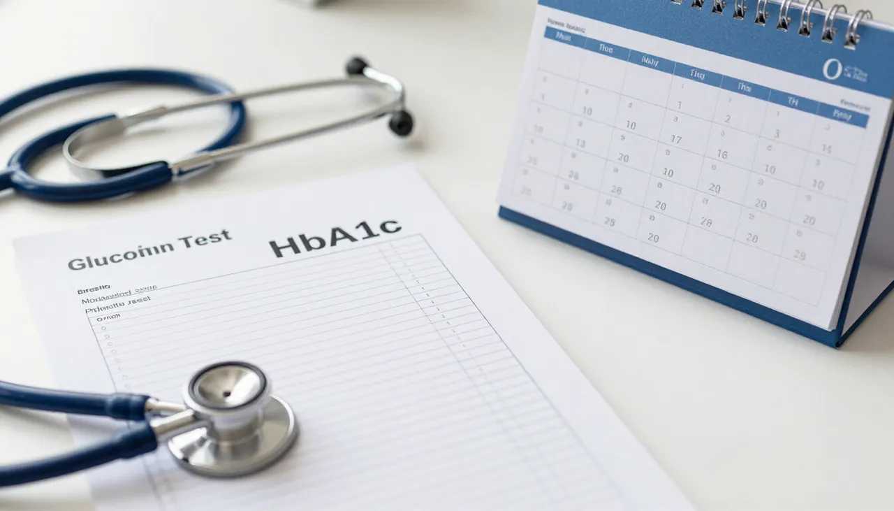 HbA1c blood test result chart with a three-month monitoring calendar and stethoscope on a doctor’s desk at Glucomind Clinic, Bhubaneswar — HbA1c Management