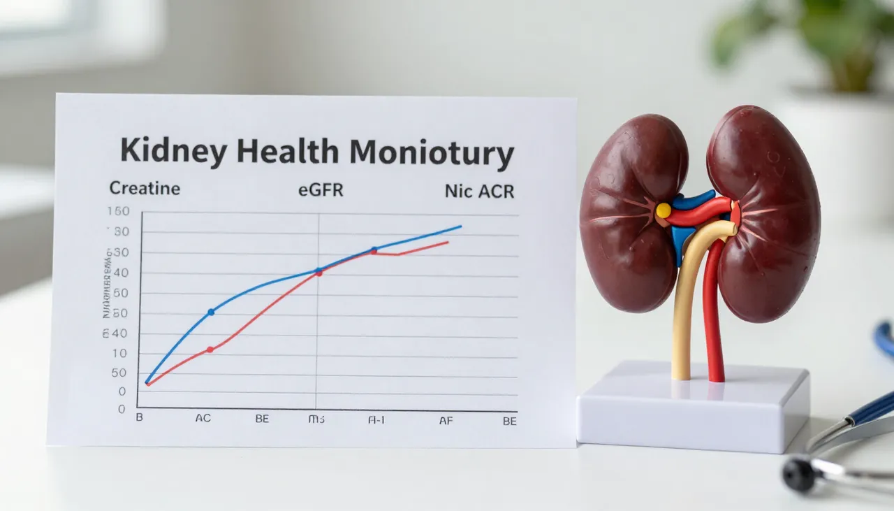 Kidney health monitoring chart with creatinine, eGFR and urine ACR trend graphs over months beside a kidney model at a Bhubaneswar clinic — Kidney Health Monitoring
