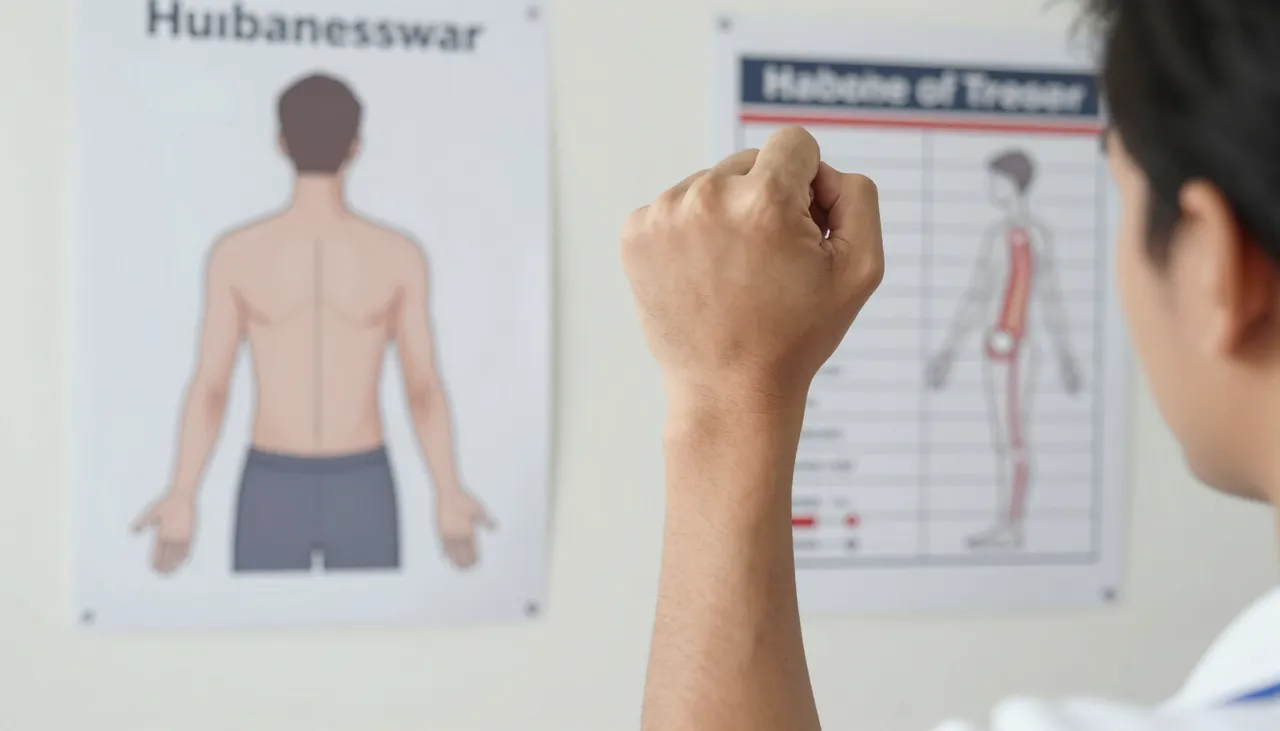 Person flexing a stiff hand joint with a joint-stiffness morning illustration and a range-of-motion chart at a Bhubaneswar clinic — Joint Stiffness