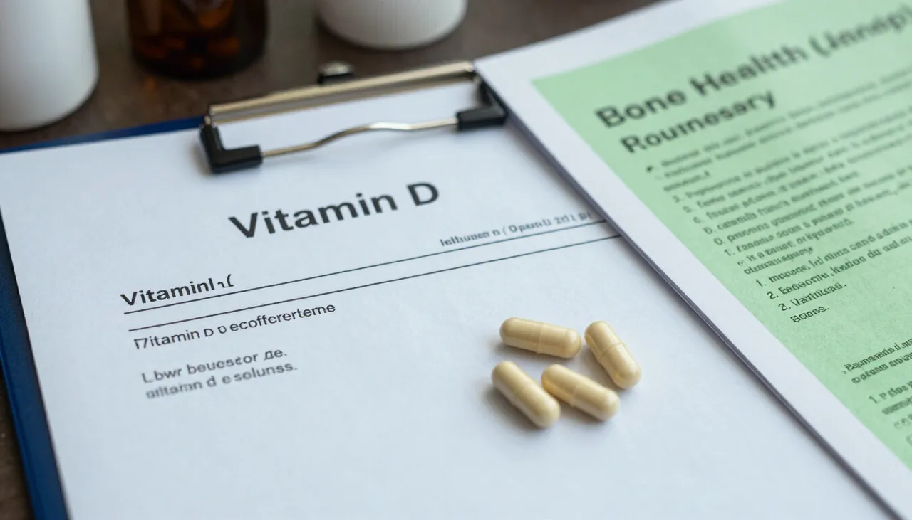 Vitamin D lab report showing a low value beside vitamin D supplement capsules and a bone-health leaflet at a Bhubaneswar clinic — Vitamin D Deficiency and Bone Health