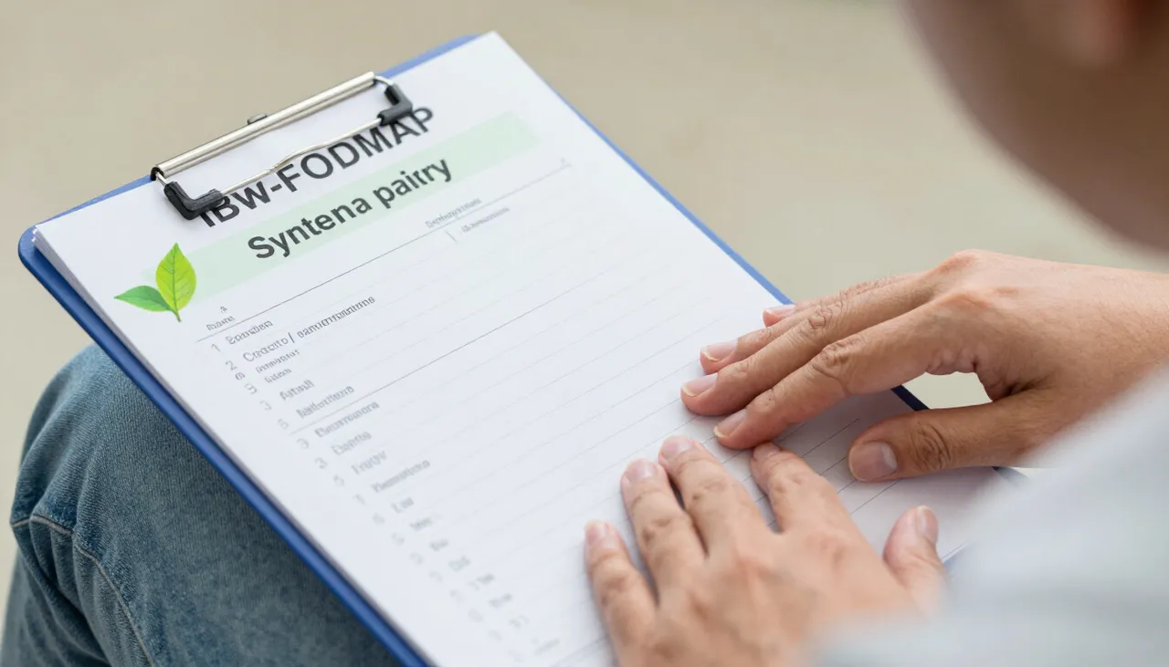 Person pressing the lower abdomen with an IBS symptom diary and a low-FODMAP diet leaflet at a Bhubaneswar clinic — Irritable Bowel Syndrome (IBS)