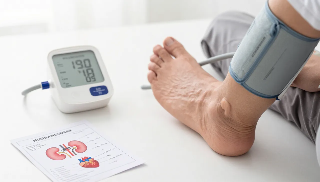 Person with swollen ankles beside a blood pressure monitor showing a high reading and a kidney and heart reference card at a Bhubaneswar clinic — Swelling with High Blood Pressure