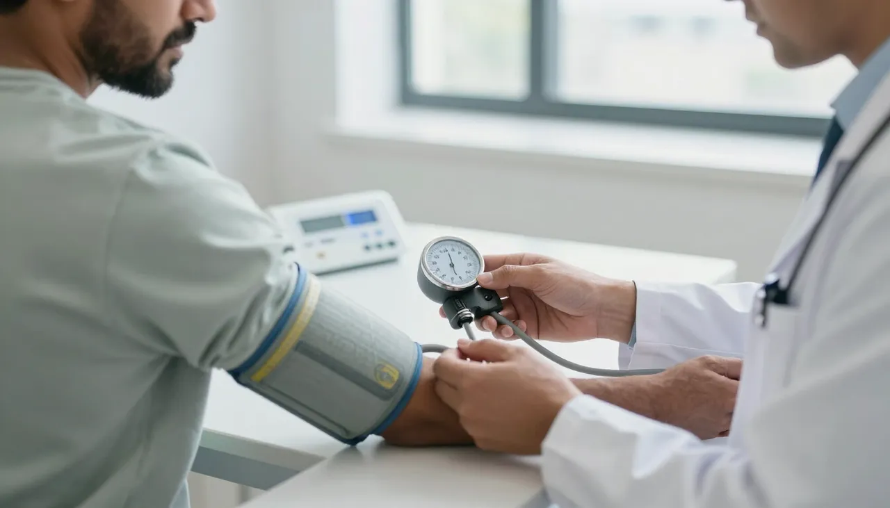 Doctor wrapping a blood pressure cuff around a patient’s upper arm while reading the gauge at a Bhubaneswar internal medicine clinic — Hypertension assessment