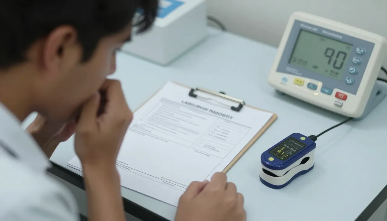 Person breathing with effort beside a low-haemoglobin lab report and a pulse oximeter at a Bhubaneswar clinic — Breathlessness Due to Anaemia