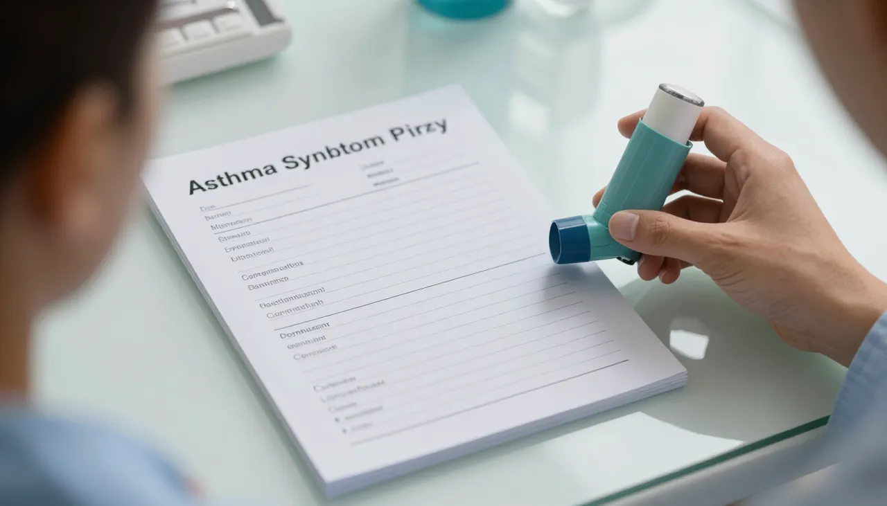 Asthma symptom diary with wheeze, cough and night-time entries beside an inhaler at a Bhubaneswar clinic — Asthma Symptoms