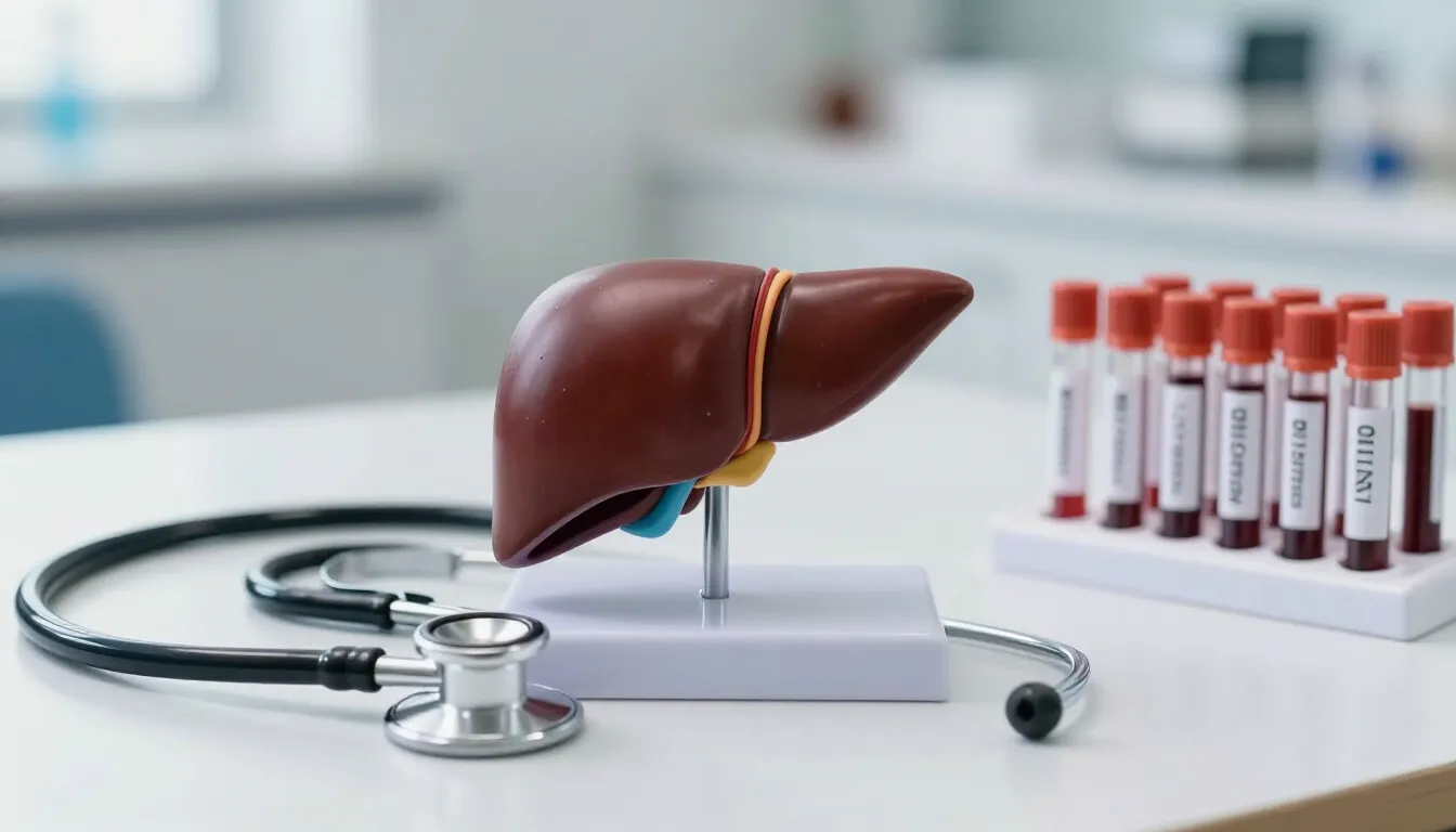 Anatomical liver model and blood sample tubes for liver and fatty liver health evaluation at Glucomind Clinic, Bhubaneswar