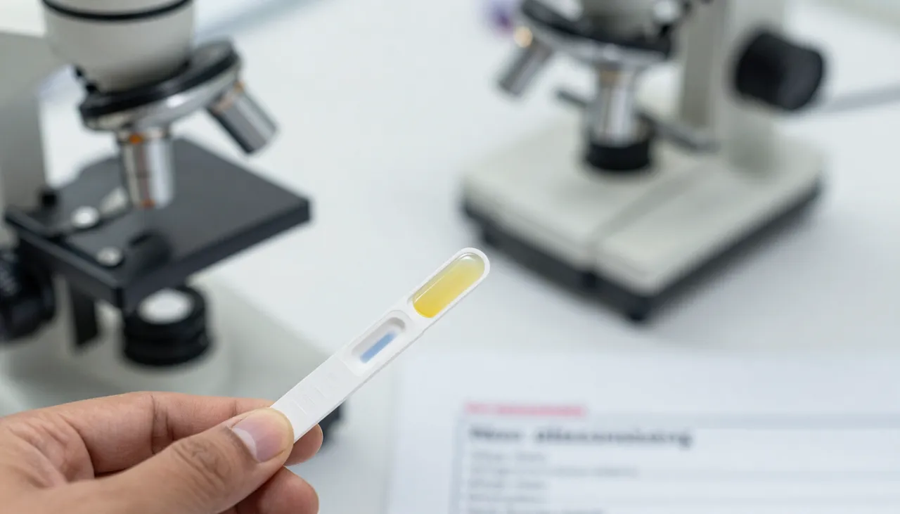 Urine dipstick changing colour next to a microscope and a lab report flagged for microalbuminuria at a Bhubaneswar clinic — Albuminuria / Microalbuminuria