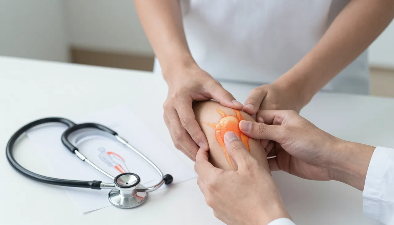 Person holding an inflamed knee joint with a joint-pain location diagram and a stethoscope at a Bhubaneswar clinic — Joint Pain