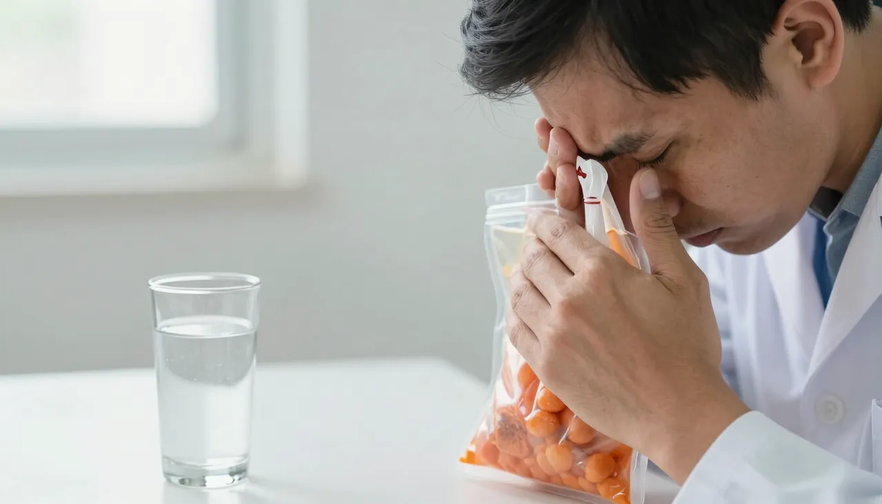 Person pressing the forehead while holding a nausea bag beside a glass of water at a Bhubaneswar clinic — Headache with Nausea