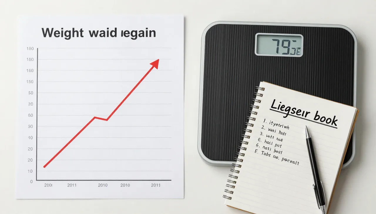 Weight-loss chart showing an upward regain trend beside a bathroom scale and a lifestyle diary at a Bhubaneswar clinic — Weight Regain