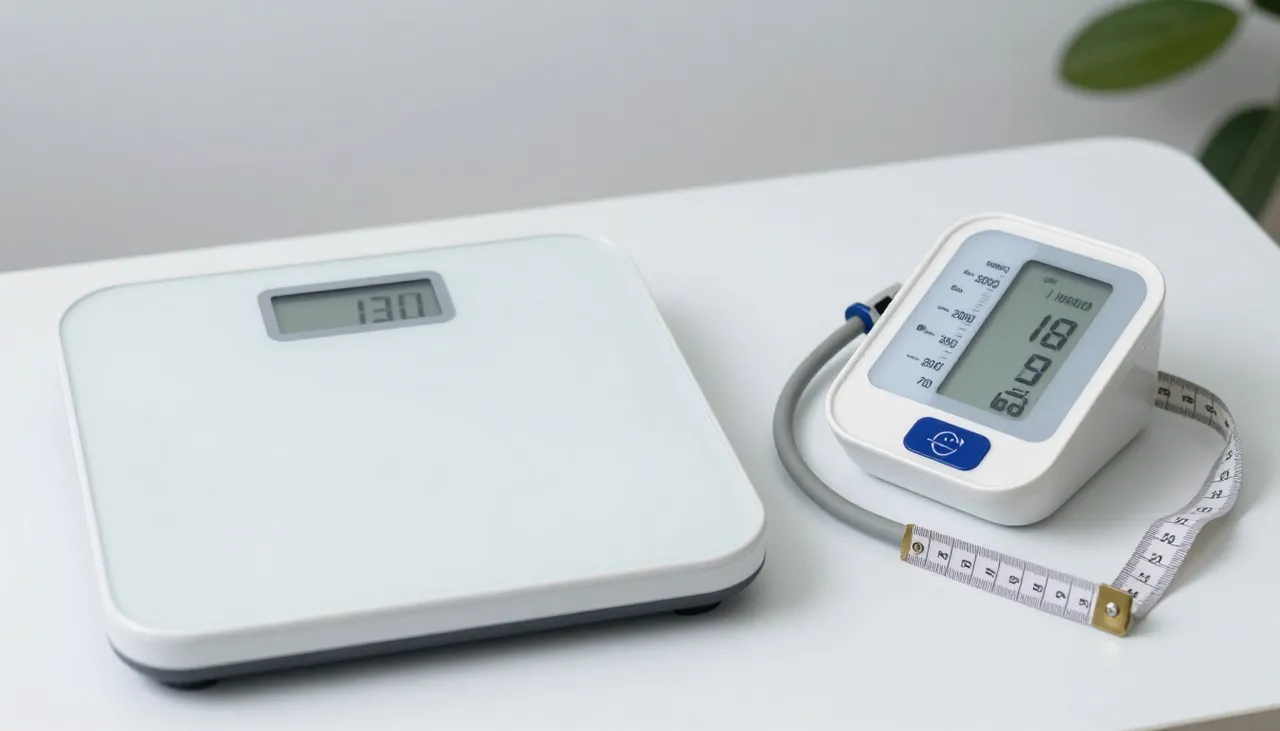 Bathroom scale and measuring tape beside a blood pressure monitor showing a high reading at a Bhubaneswar clinic — Obesity and Hypertension