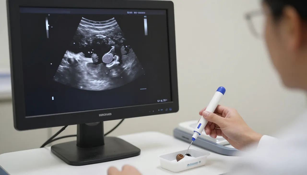 Thyroid ultrasound scan showing a nodule on a monitor beside a probe and fine-needle biopsy tray at a Bhubaneswar clinic — Thyroid Nodules