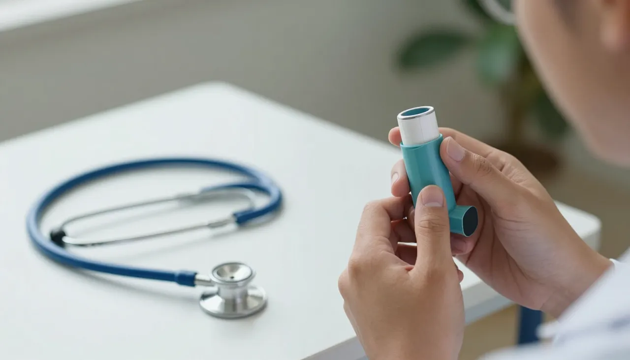 Person using a reliever inhaler with a stethoscope and a peak flow meter on a clinic table in Bhubaneswar — Wheezing