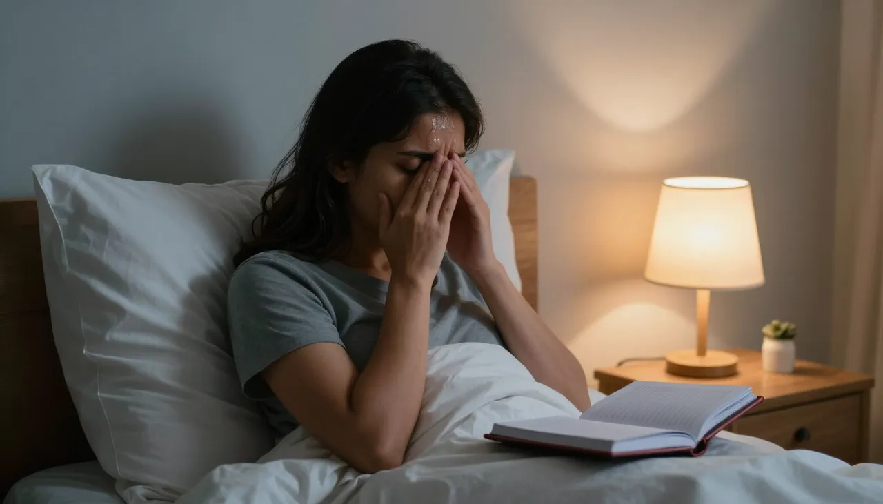 Person sitting up in bed at night with a sweat-damp pillow and a night-sweats diary beside a bedside lamp in a Bhubaneswar home — Night Sweats