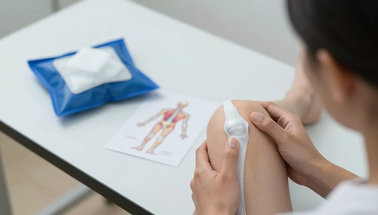 Person holding the front of one knee with a knee-anatomy illustration and an ice pack at a Bhubaneswar clinic — Knee Pain