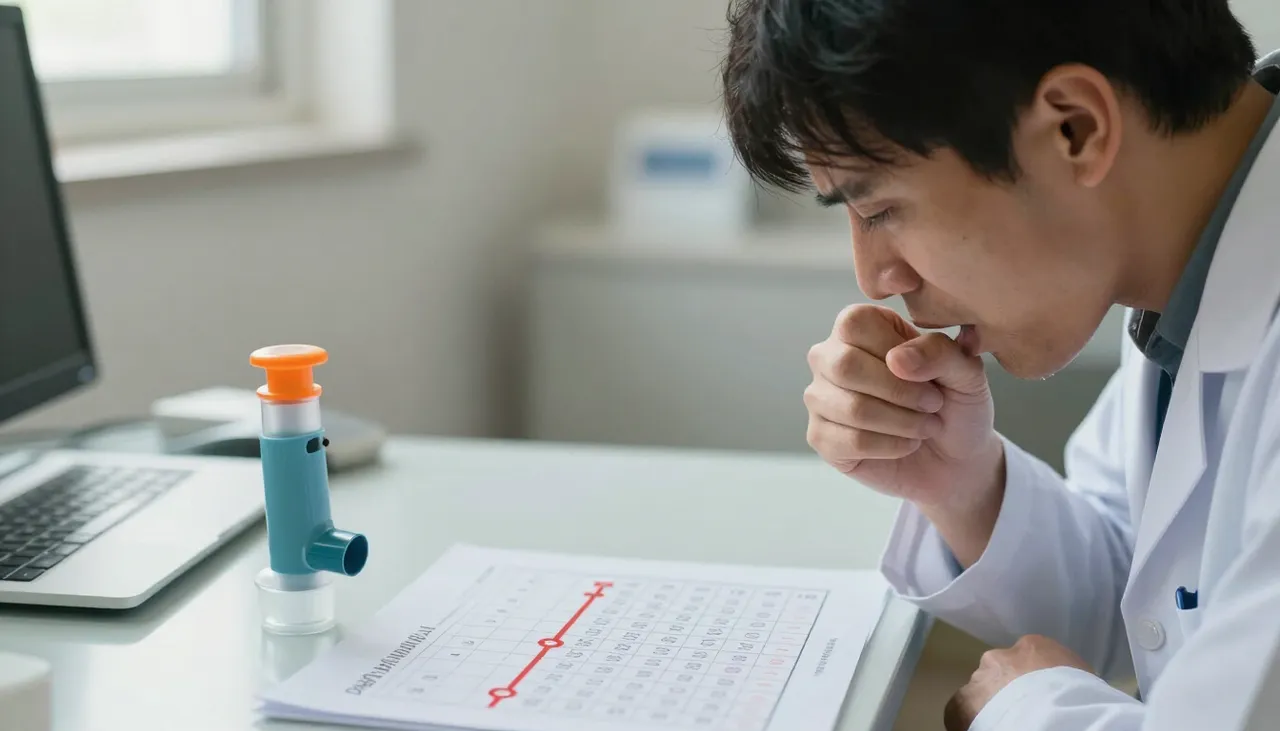 Person coughing with a chronic cough timeline calendar of several weeks and a spacer inhaler at a Bhubaneswar clinic — Chronic Cough
