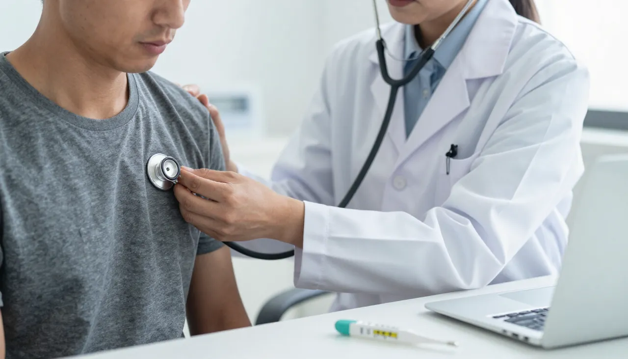 Doctor auscultating a patient’s chest with a stethoscope while a thermometer shows a fever reading at a Bhubaneswar clinic — Fever with Cough