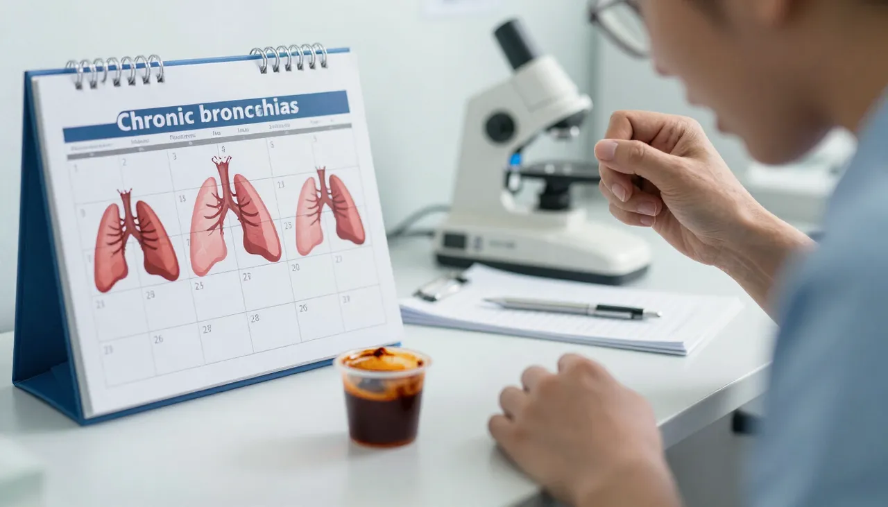 Person coughing with a chronic bronchitis calendar of cough episodes and a sputum cup at a Bhubaneswar clinic — Chronic Bronchitis