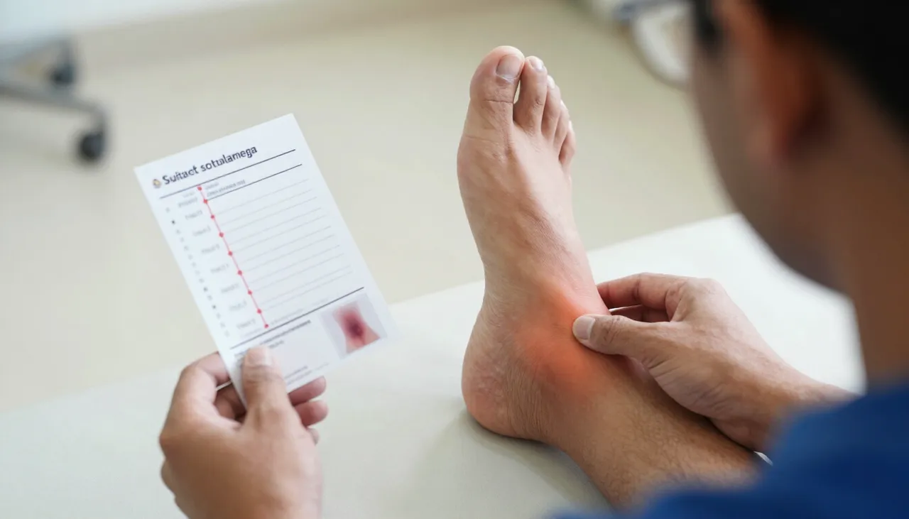 Person looking at a suddenly swollen ankle with a sudden-swelling timeline card and a clot reference card at a Bhubaneswar clinic — Sudden Swelling