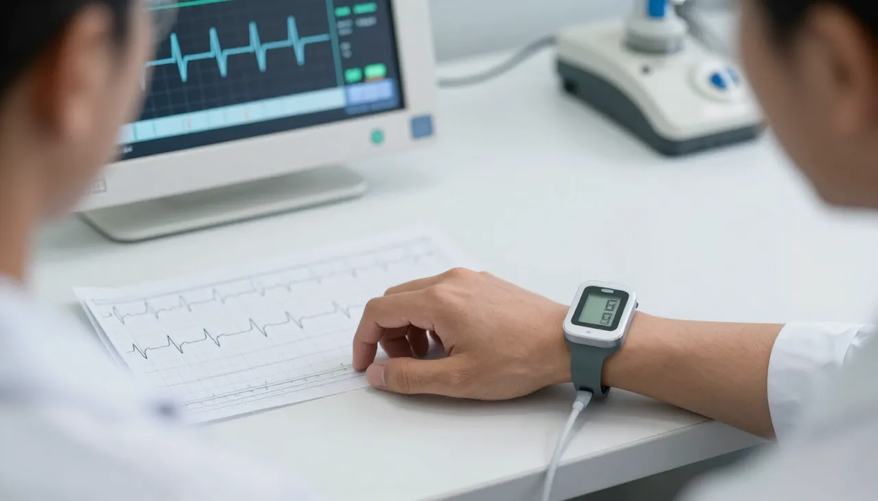 Person feeling a fast pulse at the wrist with a heart-rate monitor showing a high reading and an ECG strip at a Bhubaneswar clinic — Fast Heartbeat