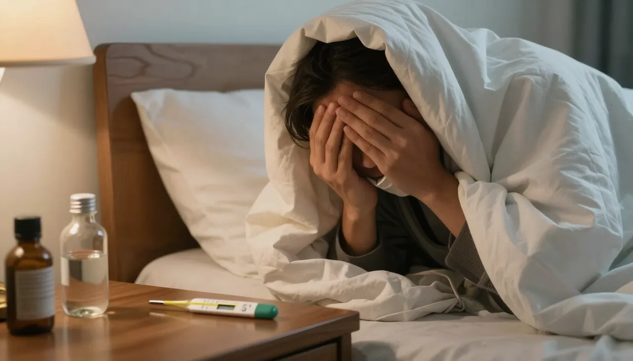 Person wrapped in a blanket shivering with a high-reading thermometer on a bedside table — Fever with Chills