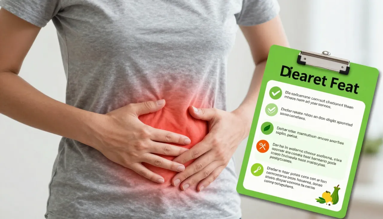 Person pressing the upper stomach area with a gastritis inflammation illustration and a dietary precautions leaflet at a Bhubaneswar clinic — Gastritis