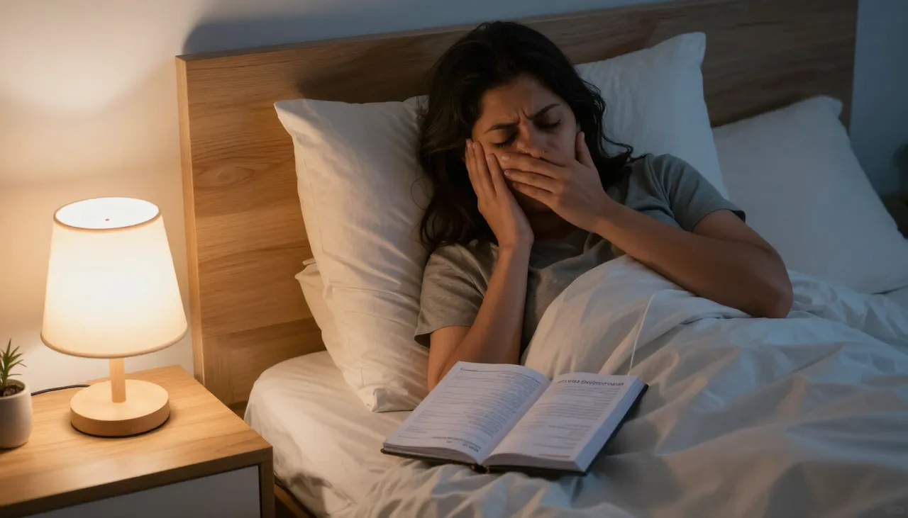 Person sitting up in bed at night beside a bedside lamp and a nocturia voiding diary in a Bhubaneswar home — Night-time Urination / Nocturia