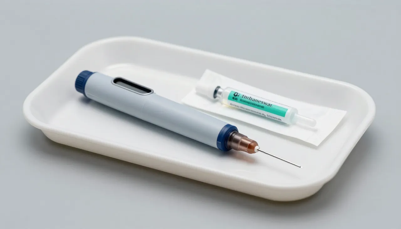 Insulin pen with a fine needle on a sterile tray with an insulin vial and alcohol swabs at a Bhubaneswar diabetology clinic — Insulin Treatment