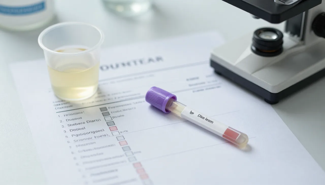 Urine test report with several flagged values beside a dipstick, a urine sample cup and a microscope at a Bhubaneswar clinic — Abnormal Urine Test Results