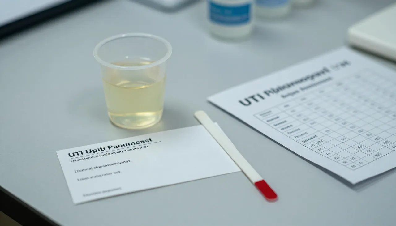 Urine sample cup with a dipstick beside a UTI reference card and an antibiotic chart at a Bhubaneswar clinic — Urinary Tract Infection (UTI)