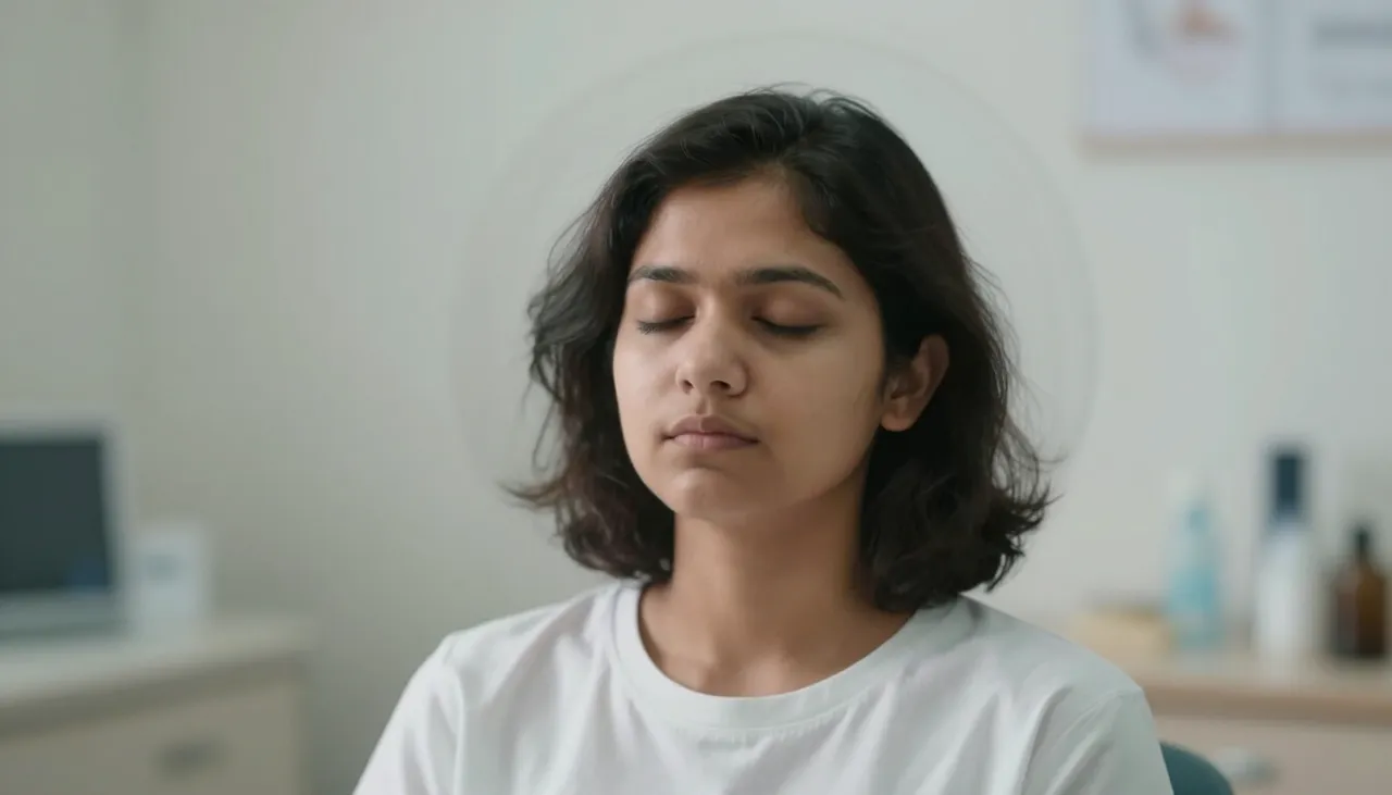 Person sitting still with eyes closed and a spinning motion blur around the head at a Bhubaneswar clinic — Vertigo