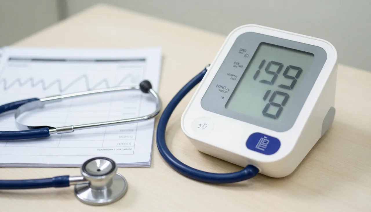 Blood pressure monitor showing varying readings on a trend chart beside a BP diary and a stethoscope at a Bhubaneswar clinic — Blood Pressure Fluctuations