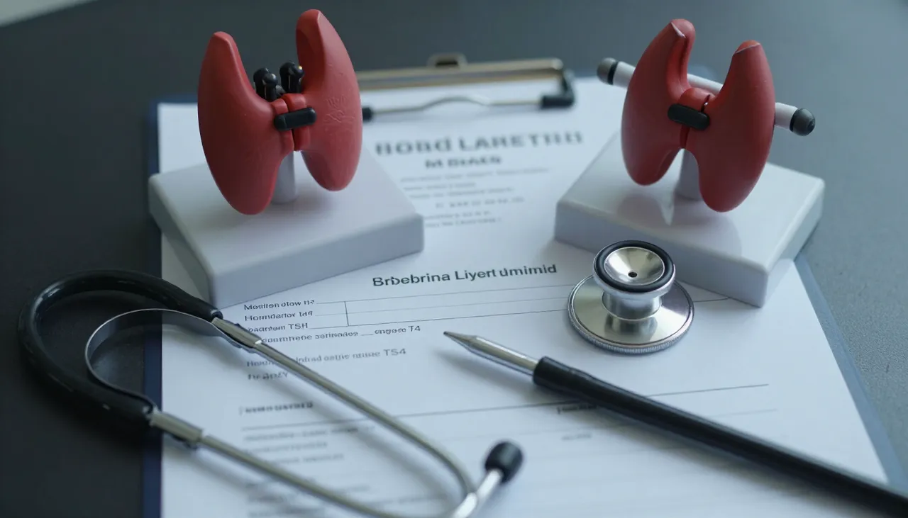 Lab report showing a borderline-low TSH with normal free T4 beside a thyroid model and stethoscope at a Bhubaneswar clinic — Subclinical Hyperthyroidism